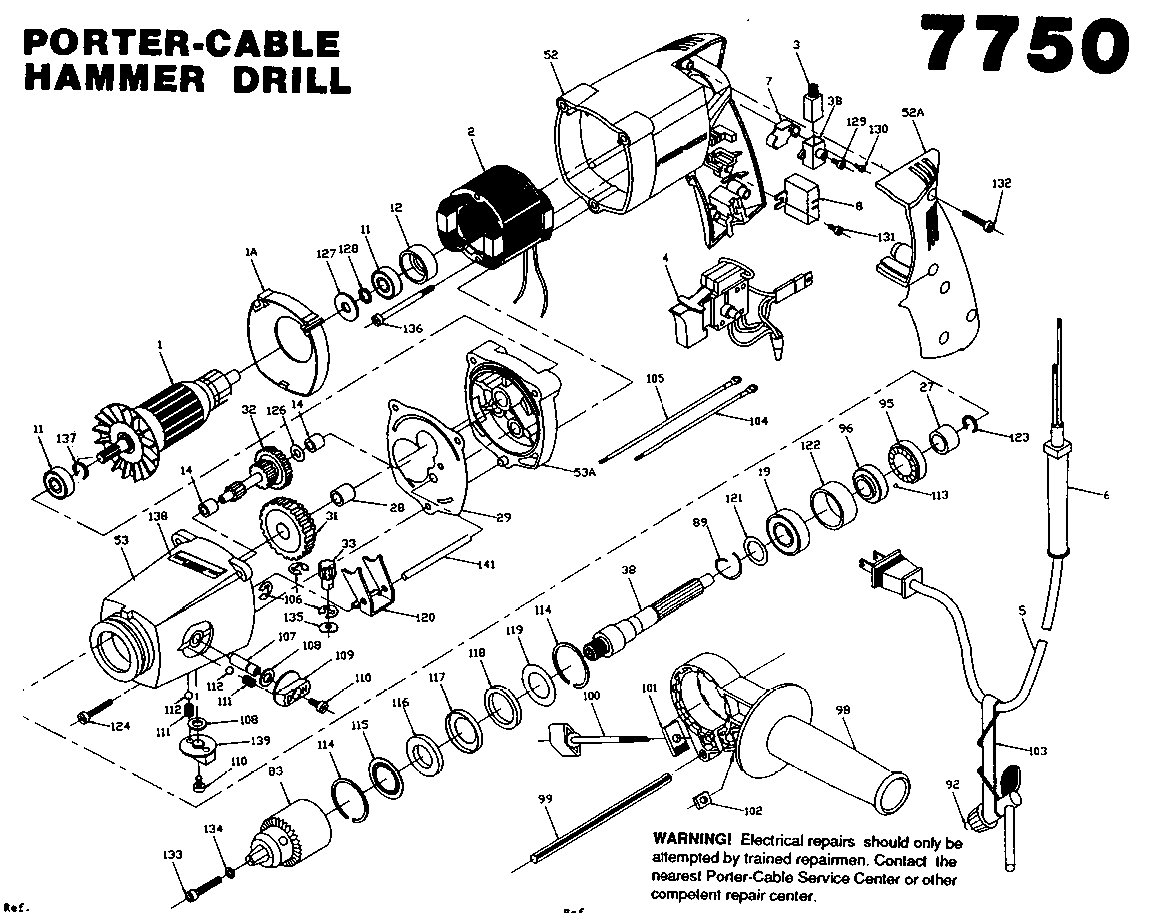 Default Diagram and Parts List for J-7750 Type 1 Porter Cable Hammer Drill